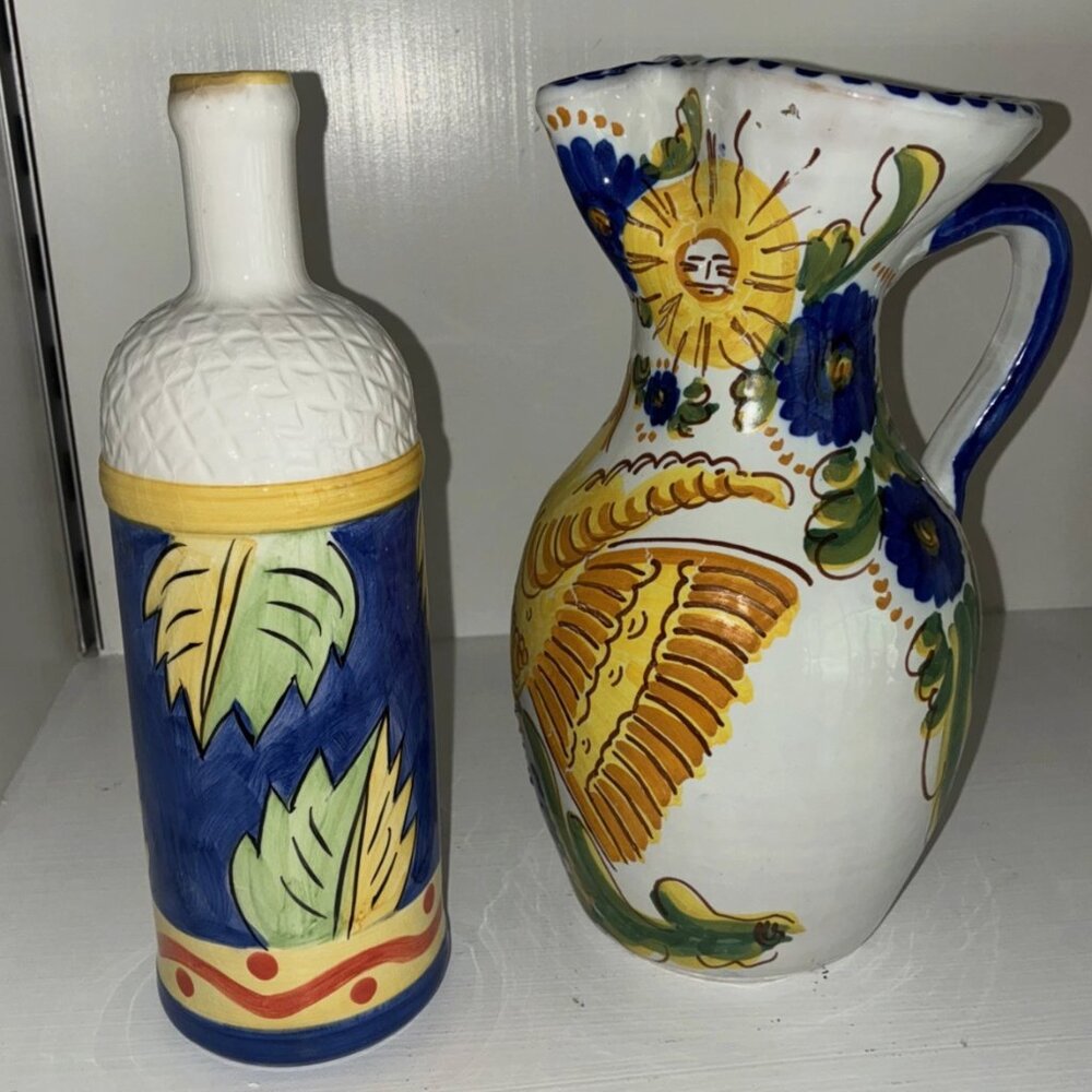 Deruta Ceramica Hand Painted Pottery Pitcher 60 Oz And Olive Oil Dispenser
